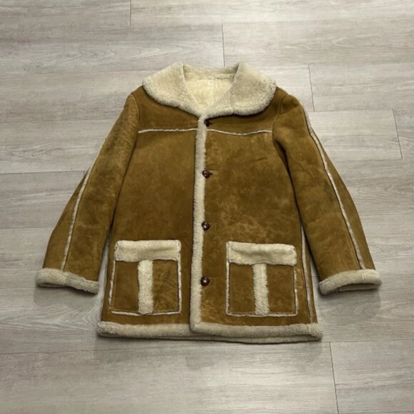 Vintage Shearling Sheepskin Leather Western Rancher Coat Overcoat Sherpa Lined